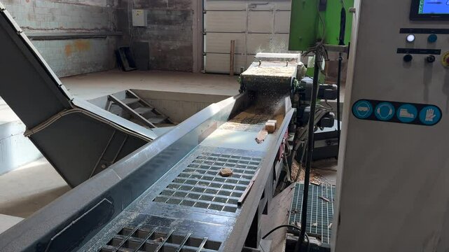 Multiple wood blocks move along a conveyor belt inside a woodworking factory, showcasing the automated process of wood transportation and processing