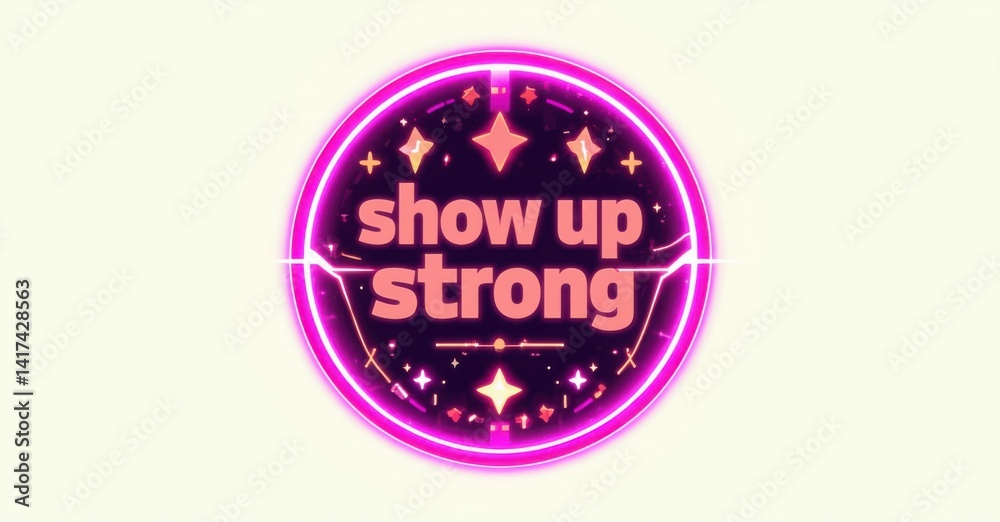 Poster bright circular design features text show up strong. pink neon glows, sparkles add visual interest. 
