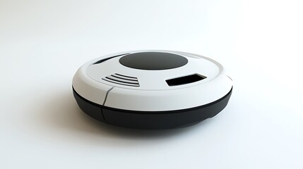 Modern, disc-shaped home security device.  Features a sleek design with a black and white color scheme.  Small vents are visible