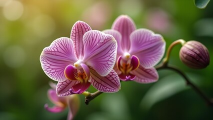 Close-up of delicate pink and purple orchid flowers in bloom with a soft green background