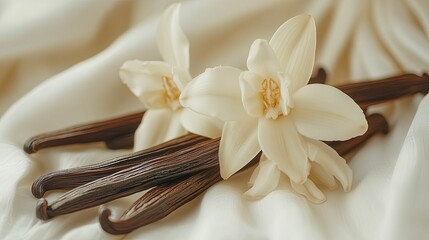 Vanilla beans and blossoms resting on a smooth fabric.