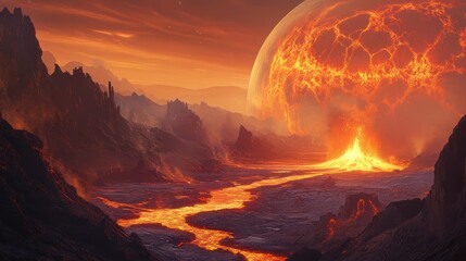 Fototapeta premium Infernal vista: A volcanic river winds through a landscape under a fiery orb