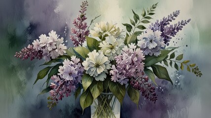 Purple lavender flowers bloom in a spring garden, some resting on a rustic wooden surface, a beautiful display of nature's color