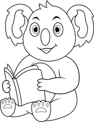 Cartoon koala reading a book line art