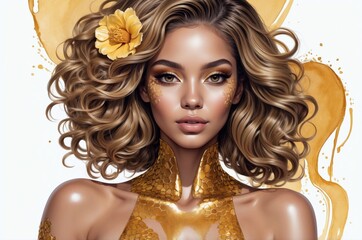 Fototapeta premium Portrait of a model with golden honey theme and floral accessory, capturing beauty and elegance in a creative artistic style