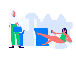 Holiday shopping people doing e-commerce online shopping flat vector concept operation hand drawn illustration
