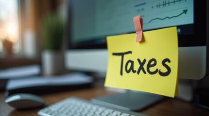 Home office desk with taxes reminder note on computer screen