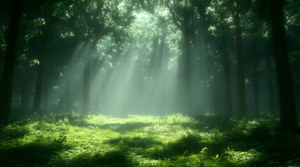Obraz premium Forest scene with sunbeams piercing through trees illuminating the lush green grass-covered ground in a serene and tran