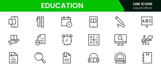Education and Learning thin line icons set. Education, School, and Learning icons. Vector illustration web line icon collection