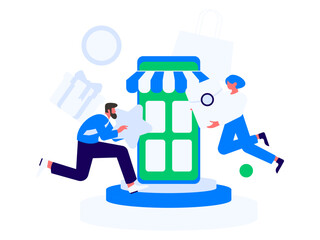 Holiday shopping people doing e-commerce online shopping flat vector concept operation hand drawn illustration
