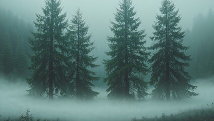 Obraz premium Dense evergreen trees rising from a thick blanket of fog