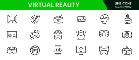 Virtual reality icon set. It contains VR, augmented reality, headset, immersive, mixed reality, AR, 360-degree, and more. Solid vector icons collection.