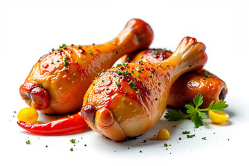 Fried chicken drumsticks with herbs and peppers on a white background.