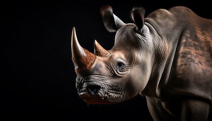 Fototapeta premium Majestic Rhinoceros Portrait Against Black Background Capturing Strength and Beauty of Wildlife