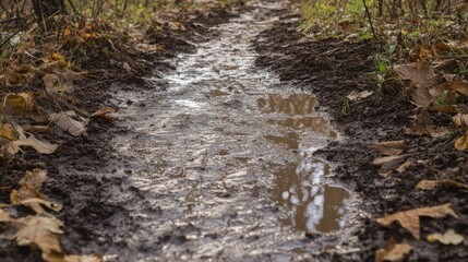 Fototapeta premium Wet trails forming patterns on soil from random water sprays
