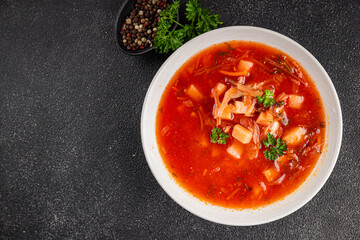 Soup vegetables red borscht first course vegetable dish fresh delicious gourmet food background on the table rustic food top view copy space keto and paleo diet vegetarian and vegan food