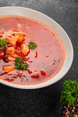 Soup vegetables red borscht first course vegetable dish fresh delicious gourmet food background on the table rustic food top view copy space keto and paleo diet vegetarian and vegan food