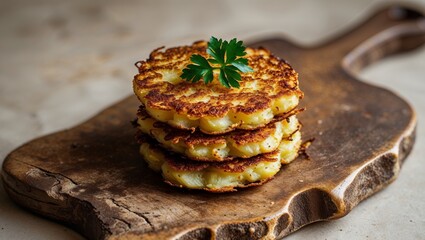 stack of golden pan fried potato cakes sit on rustic wooden board garnished with sprig of parsley
