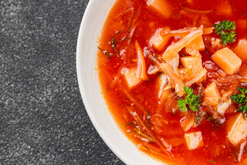 Soup vegetables red borscht first course vegetable dish fresh delicious gourmet food background on the table rustic food top view copy space keto and paleo diet vegetarian and vegan food