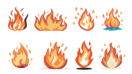 Set of bright and dynamic isolated fire flames with transparent background, depicting burning heat, energy motion, blazing effects, realistic fire elements for hot explosion themes and dramatic design