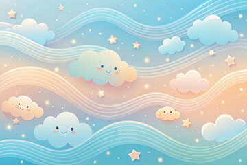 Baby blue to soft peach with smiley clouds and swoopy wind lines
