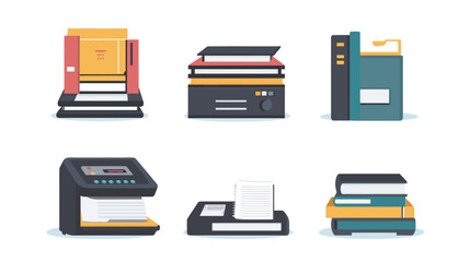 Vector illustration of printer printing stack of books, symbolizing publishing industry, knowledge distribution, digital printing, education materials production, and modern literature access 