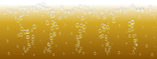 Realistic vector of frosty beer with bubbles and water droplets, highlighting refreshing nature of drink. Background features smooth texture and transparent elements.