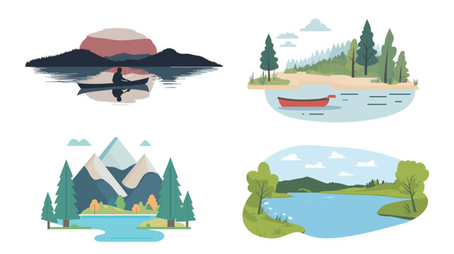 Scenic vector illustration of tranquil lake surrounded by nature, with smooth water surface, distant mountains, trees, and soft sky, perfect for outdoor landscape themes, travel concepts,