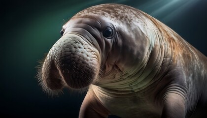 Close-Up Portrait of Unique Marine Mammal Beneath Water with Soft Light and Gentle Colors