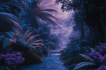 Naklejka premium Lush, mystical jungle valley at dusk.