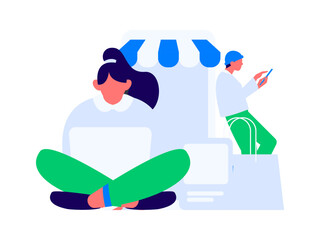 Holiday shopping people doing e-commerce online shopping flat vector concept operation hand drawn illustration
