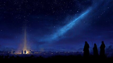 Fototapeta premium Nativity scene with shepherds under a starry night sky and a bright light shining down on a small town