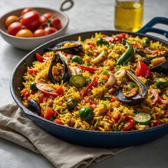 A delicious seafood paella, a flavorful rice dish with shrimp and other seafood, simmers in a pan, showcasing its gourmet cuisine
