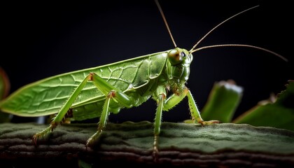 Fototapeta premium Detailed Macro Shot of a Vibrant Green Grasshopper on a Leaf Against a Dark Background