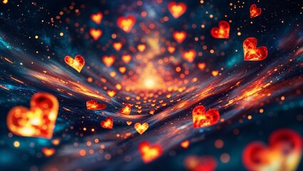 Abstract cosmos background of glowing hearts floating through space towards a central star.