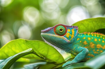 Fototapeta premium A close-up of a vibrant chameleon camouflaging among
