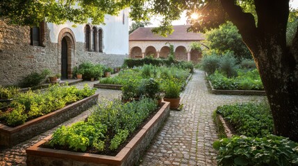 Fototapeta premium Serene Monastery Garden at Sunset