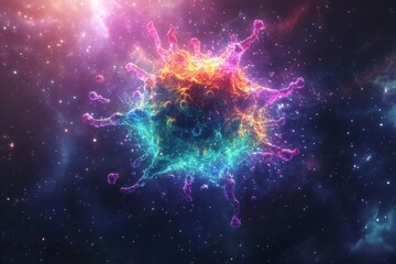 Colorful cosmic structure resembling a virus floats in vibrant outer space