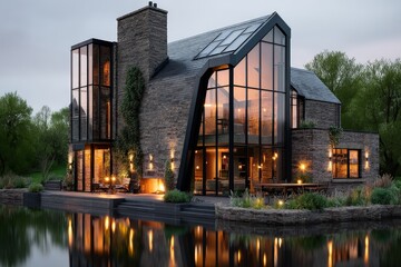 Fototapeta premium Modern architectural home with large windows reflected on water