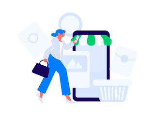 Holiday shopping people doing e-commerce online shopping flat vector concept operation hand drawn illustration
