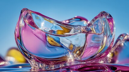 A vibrant, abstract piece of sculpted glass with a spectrum of colours.