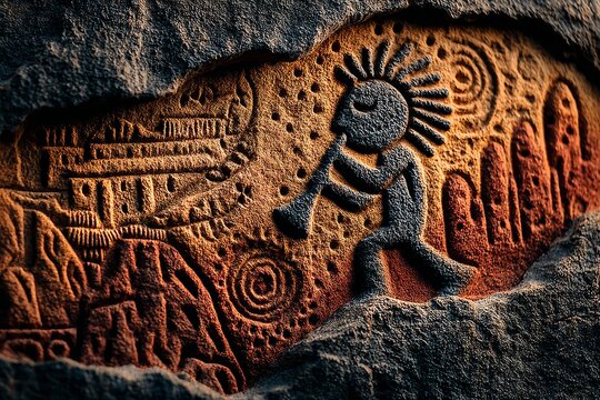 Kokopelli the playful Hopi fertility deity dances among desert petroglyphs and landscapes