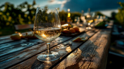 Obraz premium Rustic White Wine Glass On Wooden Table In Vineyard Landscape
