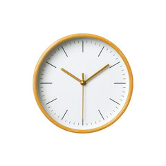 Minimalist wall clock with a wooden frame and gold hands on a white background. Concept of time, deadline, and schedule.
