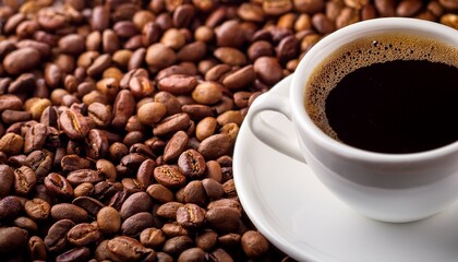Fototapeta premium cup of coffee against beans background closeup