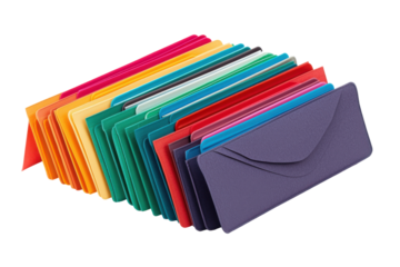 Stacked colorful envelopes isolated on PNG transparent background, cut out