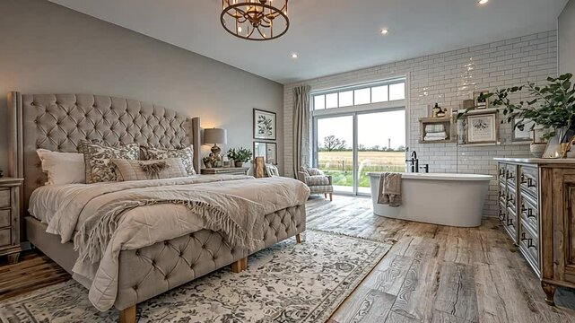 Luxurious bedroom with tufted headboard, freestanding tub, and rustic accents