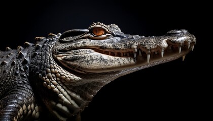 Fototapeta premium Detailed Portrait of a Crocodile with Intense Gaze and Sharp Teeth in Dark Background