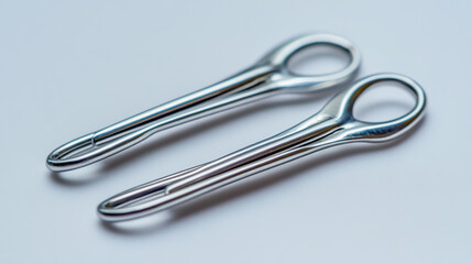 Two silver-colored safety pins on a isolated background