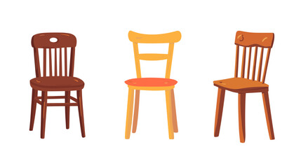Three Wooden Chairs: Brown, Yellow and Orange